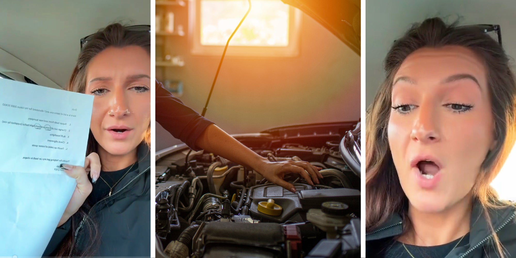3 panel image, on the sides a mechanic holds up and reads from a piece of paper. In the middle a stock photo of a mechanic reaching under the hood of a car.