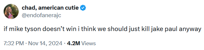 Tweet reading 'if mike tyson doesn’t win i think we should just kill jake paul anyway.'