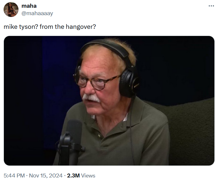 Mike Tyson fight meme with an old man on a podcast asking 'mike tyson? from the hangover?'