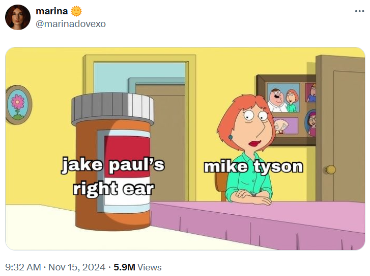 Mike Tyson fight meme in the Lois Griffin looking at a pill bottle format.