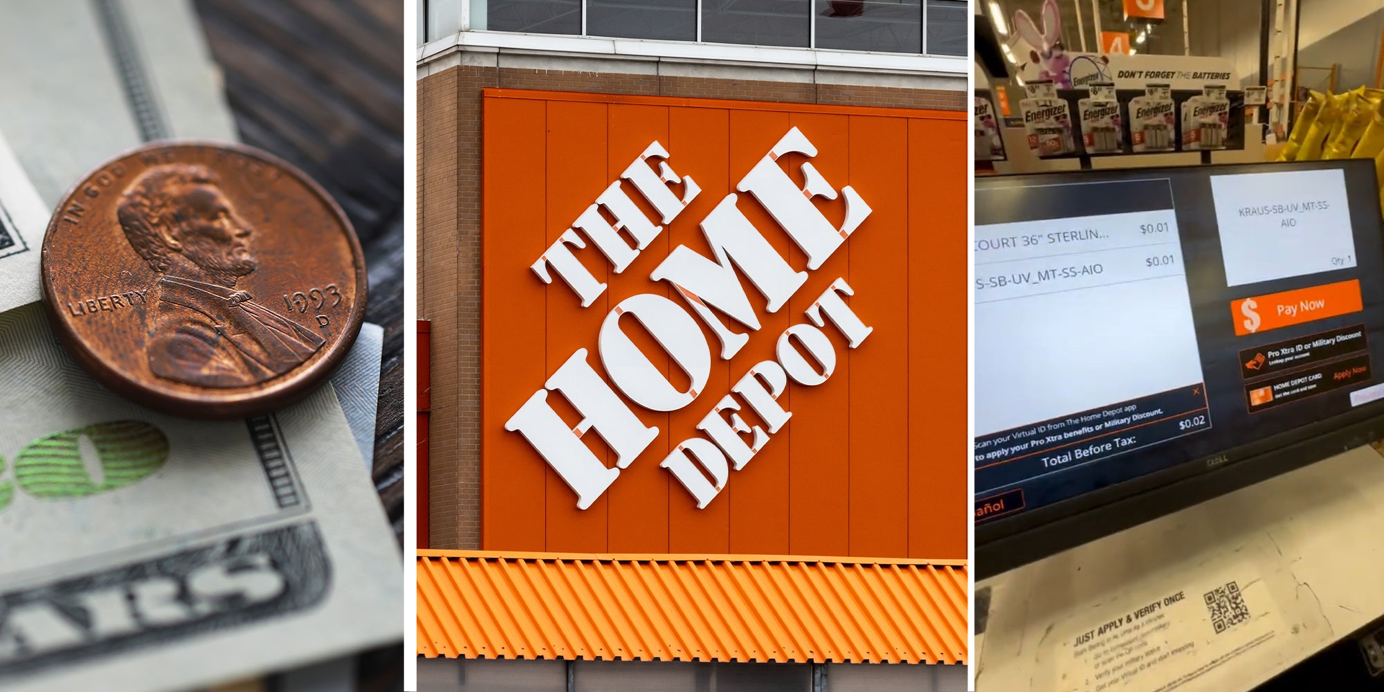 Penny on Top of a dollar(l) The Home Depot Store Front(c) Point of Sale display(r)