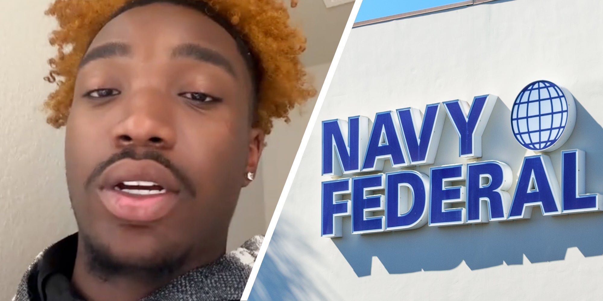 Man talking(l), Navy Federal sign(r)