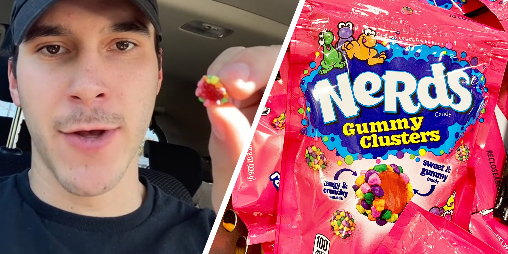 Man showing Nerd Cluster(l) Nerds Gummy Clusters(r)