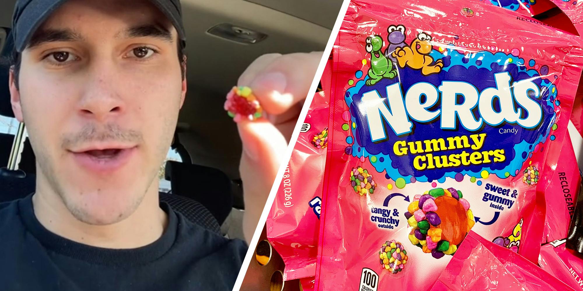 Man showing Nerd Cluster(l) Nerds Gummy Clusters(r)