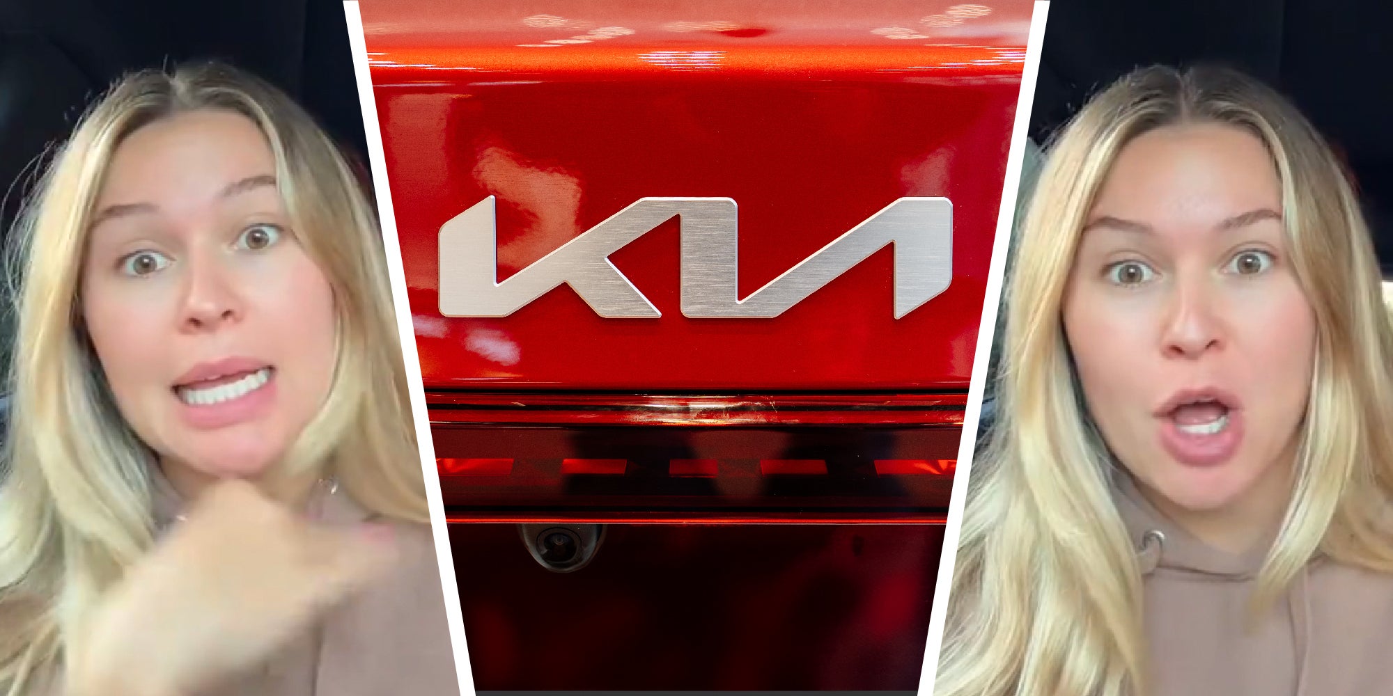 3 panel image. On the left and right side a person expresses themself energetically, while sitting in their car. In the middle panel is the Kia logo.