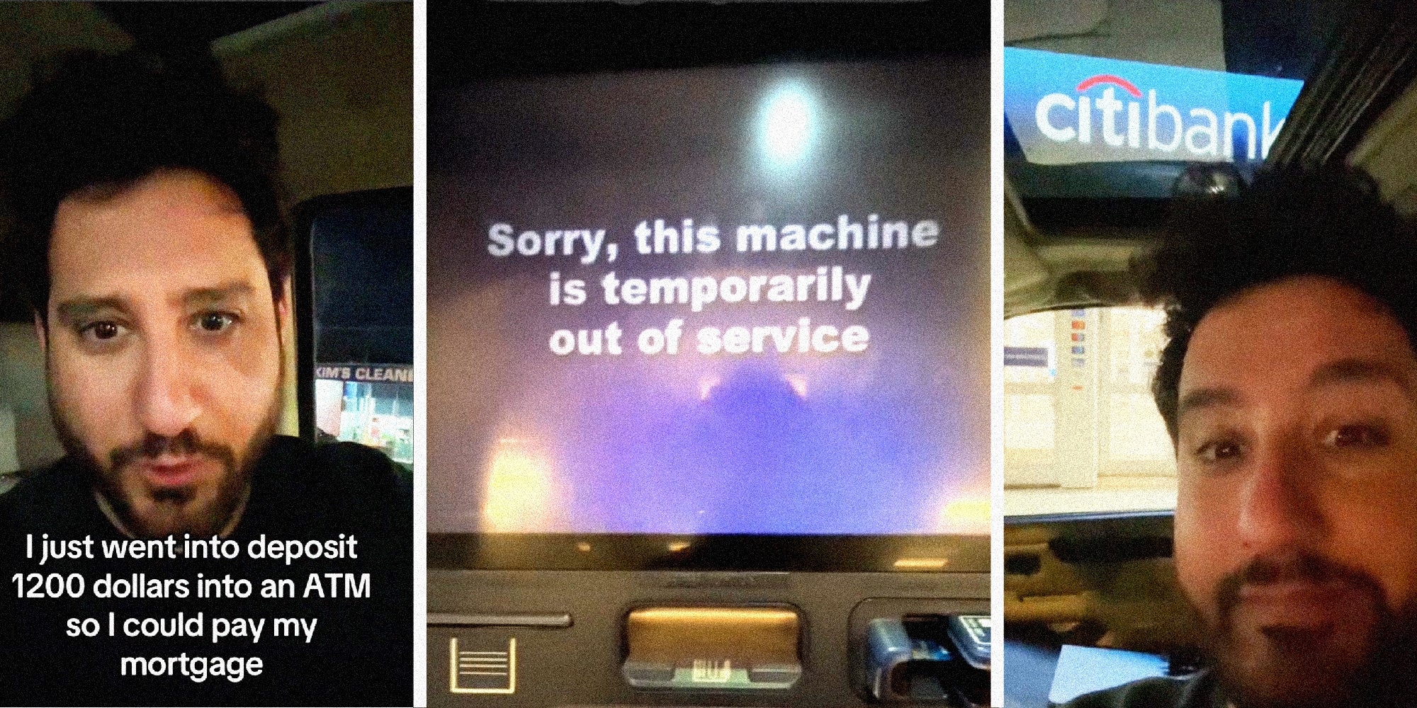 3 panel image of man talking in his car, on the sides. In the middle an ATM screen that reads, ' Sorry, this machine temporarily out of service'
