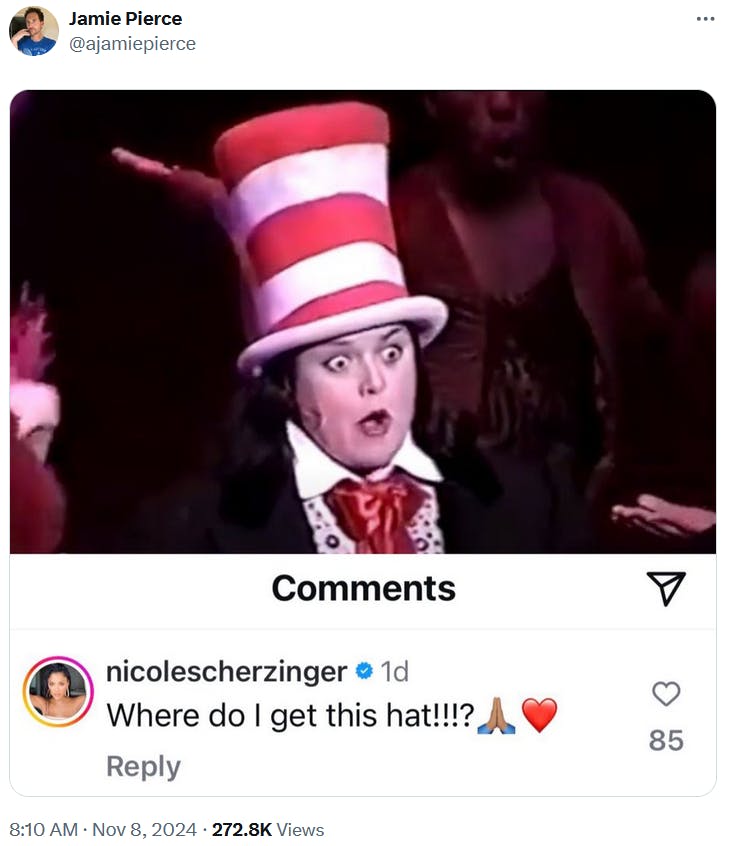 Nicole Scherzinger Where Do I Get This Hat meme with a photo from a The Cat in the Hat play.