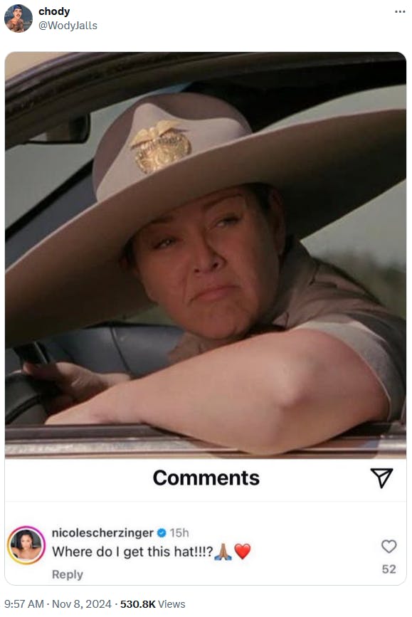 Nicole Scherzinger Where Do I Get This Hat meme with a screenshot of the sheriff from Scary Movie 3.