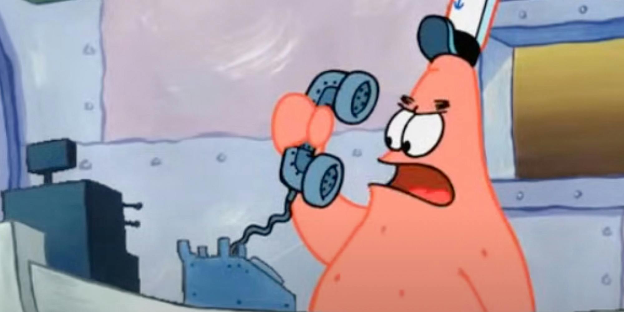 Patrick Starfish yelling into phone