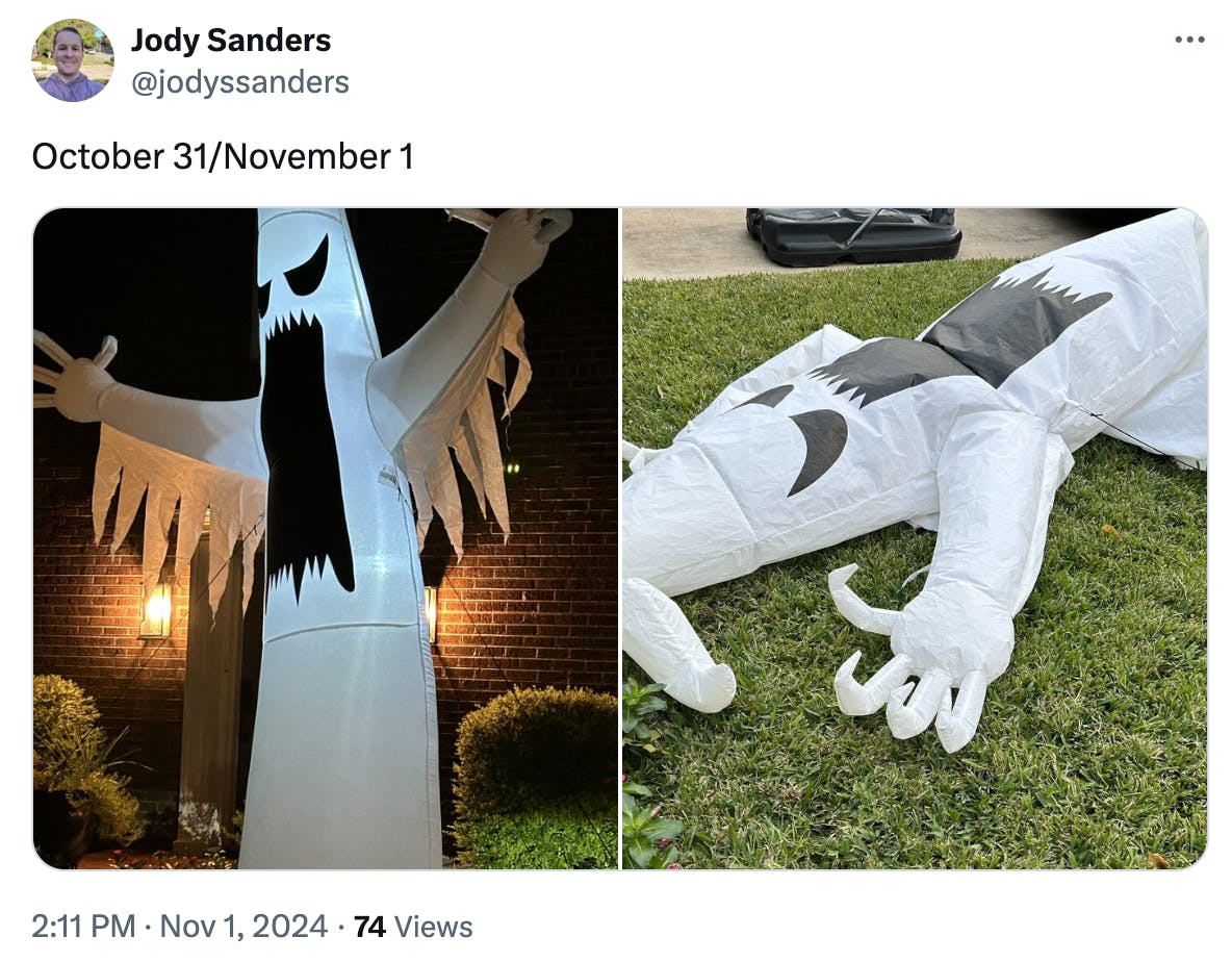 october 31 vs. november 1 meme of a blow-up ghost lawn decoration.