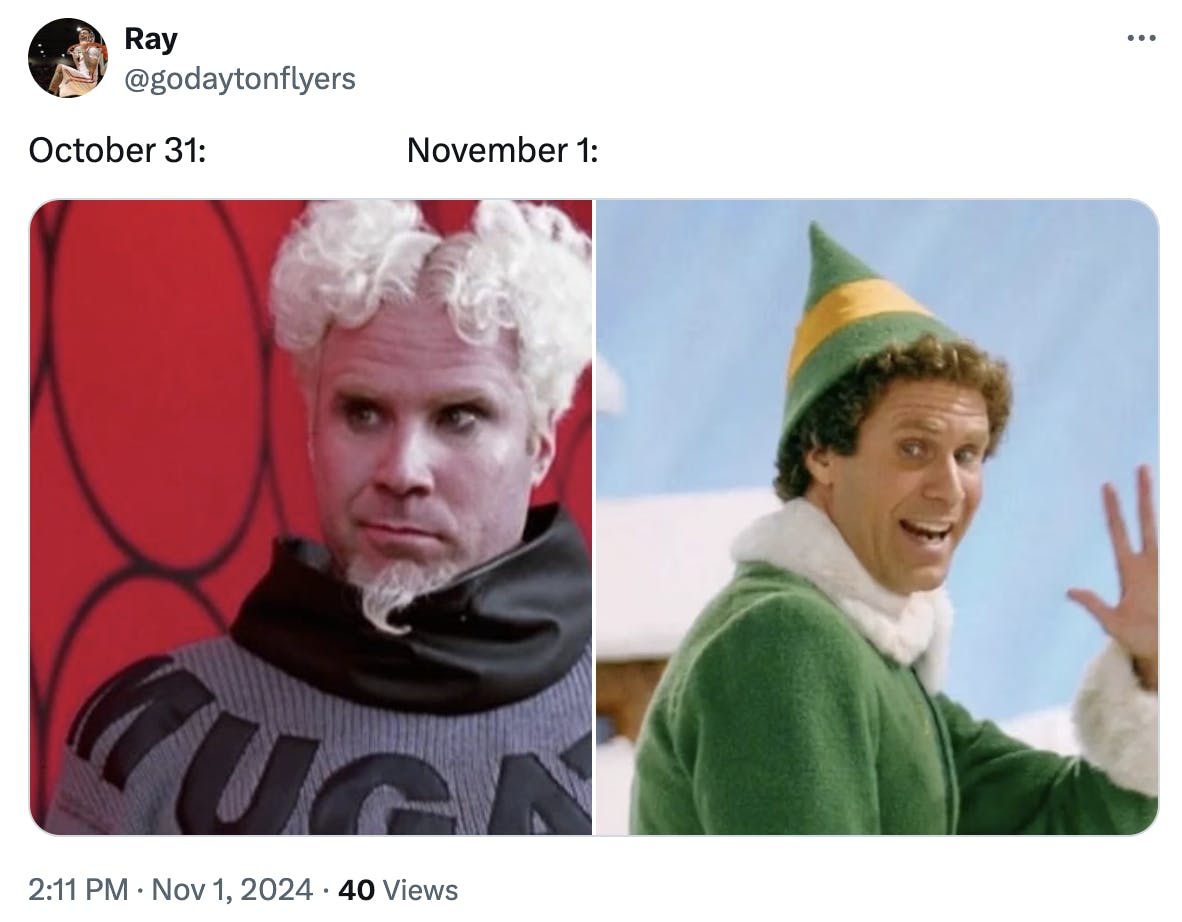 october 31 vs. november 1 meme of Will Ferrell.