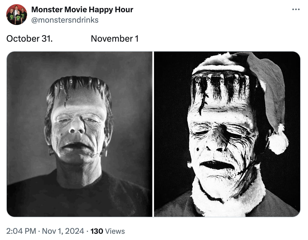 october 31 vs. november 1 meme of Frankenstein's monster vs him wearing a santa hat.