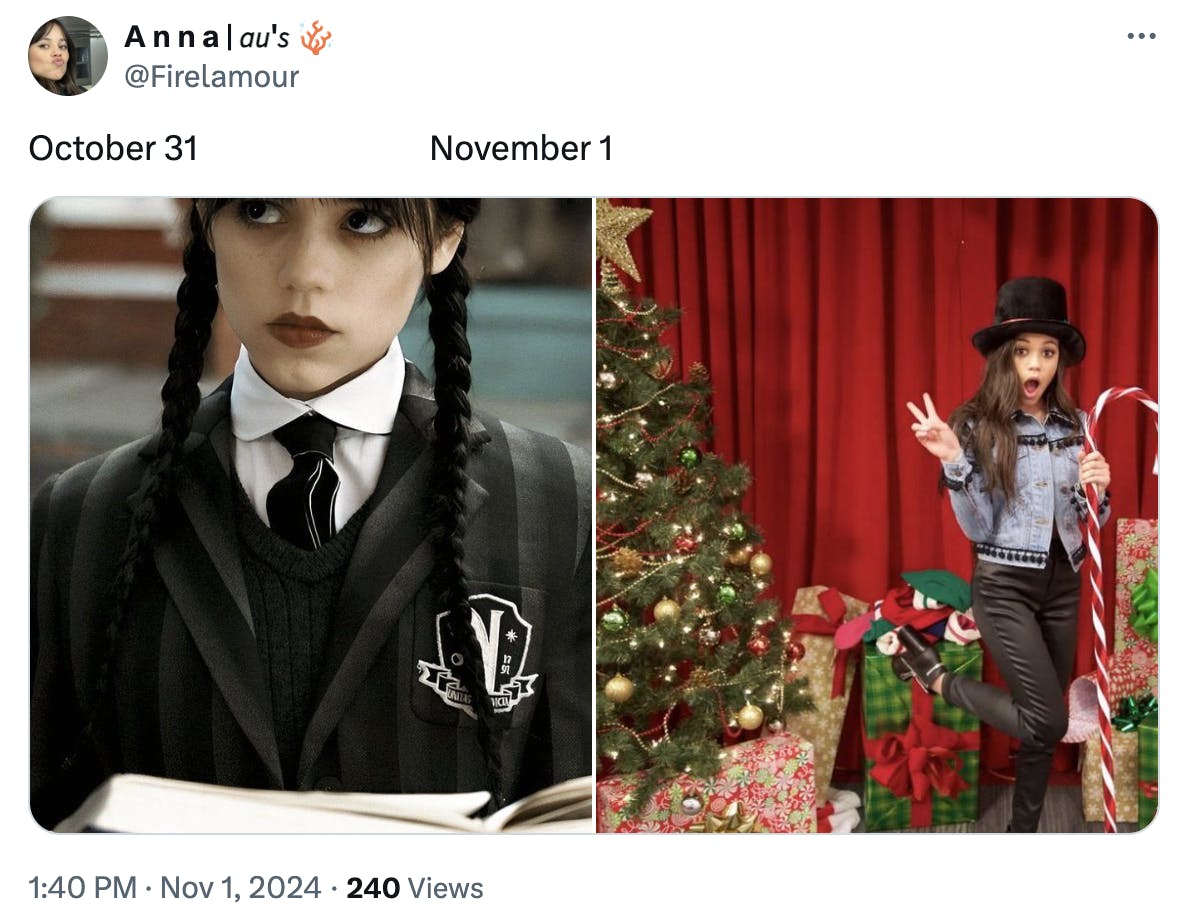 october 31 vs. november 1 meme of Wednesday Addams.