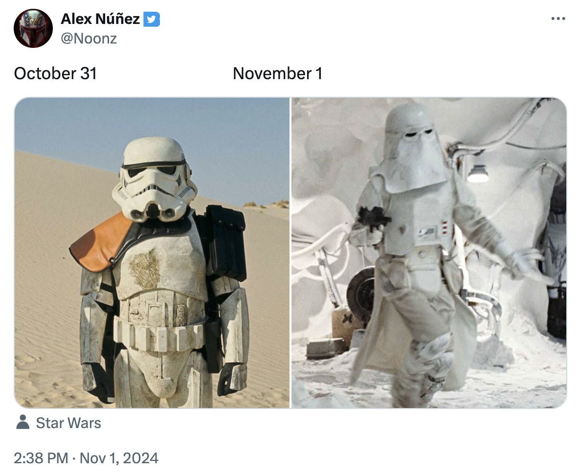 october 31 vs. november 1 meme of a Stormtrooper.