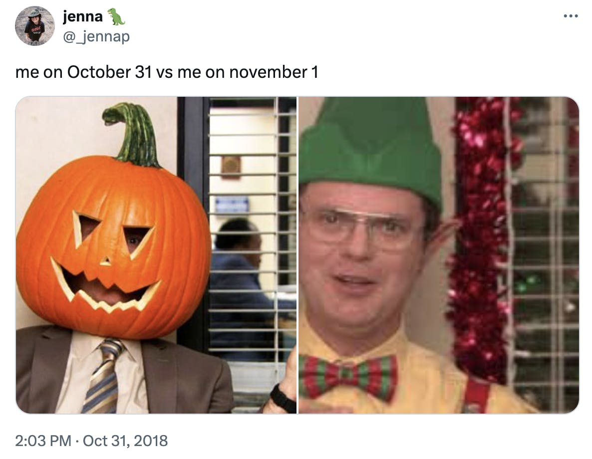 october 31 vs. november 1 meme of Dwight from The Office.