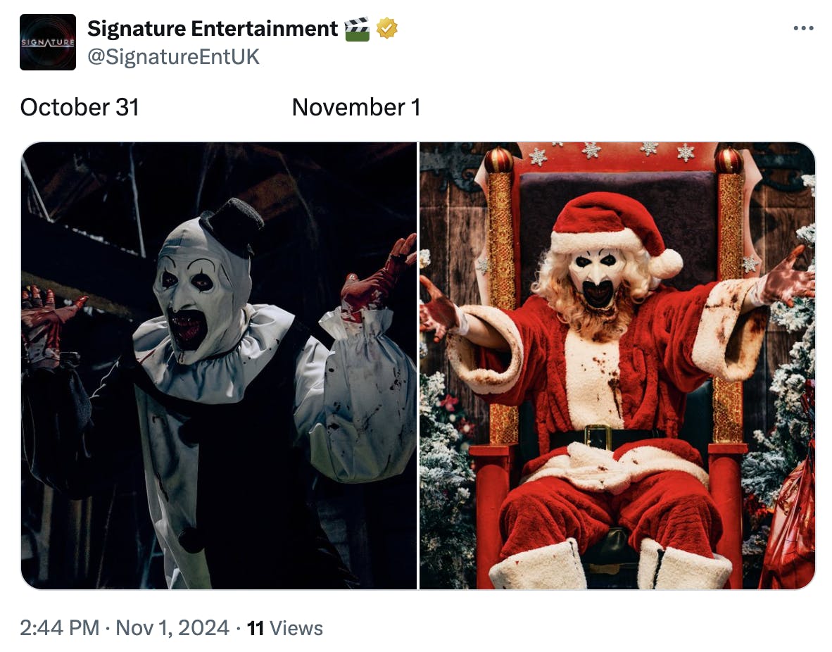 october 31 vs. november 1 meme of a clown with bloody hands vs in a Santa costume.