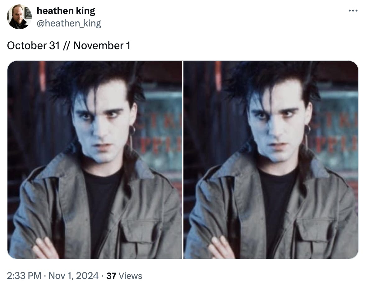 october 31 vs. november 1 meme of an emo guy looking the same.