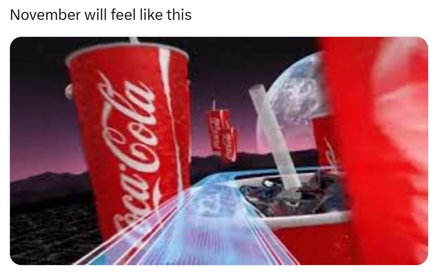 November meme with a screenshot of the movie theater intro with a race track and soda cups.