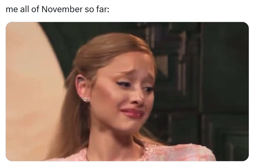 November meme of Ariana Grande nearly crying.