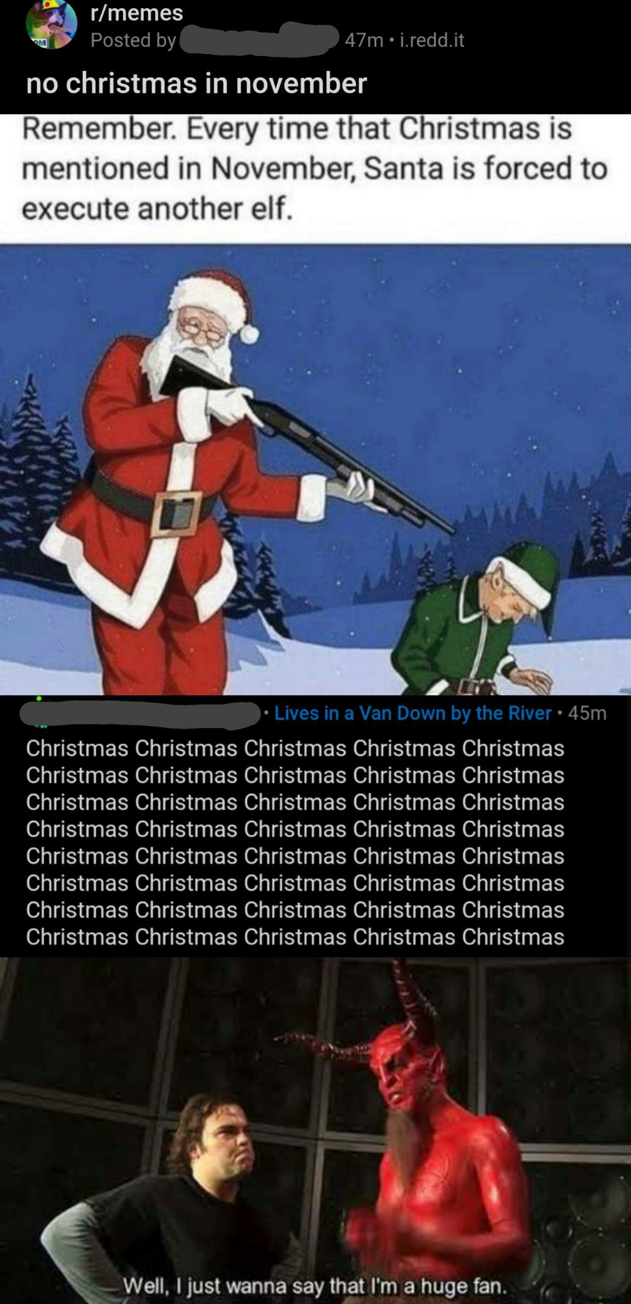 November meme of a drawing of Santa with a gun trained on an elf.