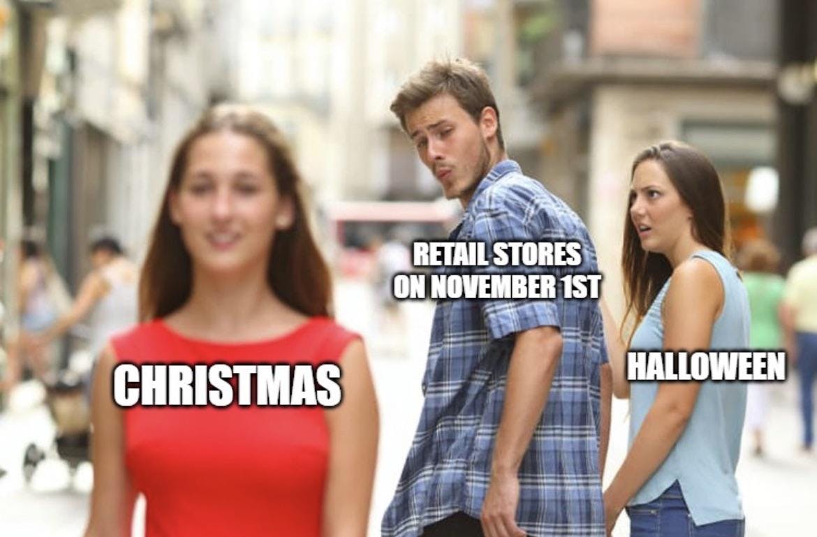 November meme of Halloween vs Christmas.