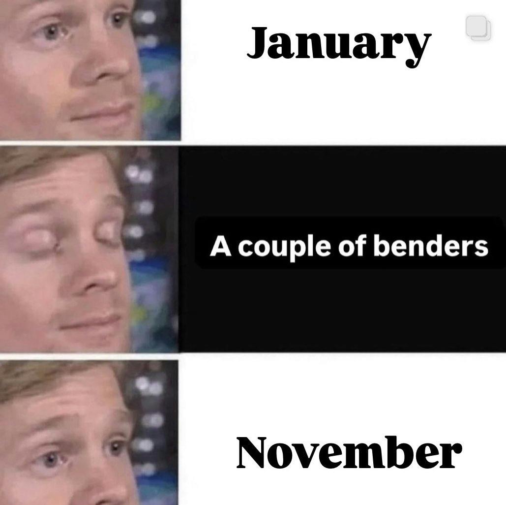 November meme of blinking in January and opening your eyes to November.