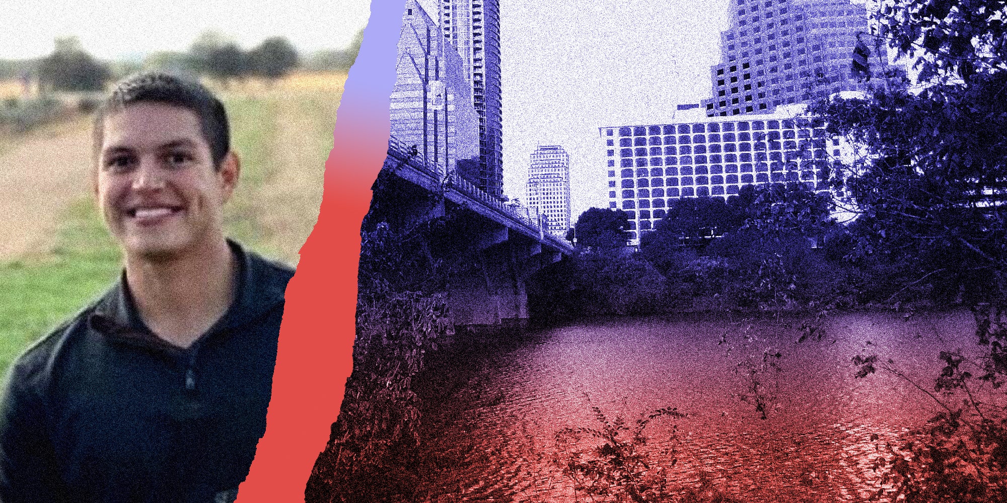 Split screen image. On the left side we see Martin Guttierez a possible victim, and on the other we see Lady Bird Lake in Austin, Texas overlaid with red.