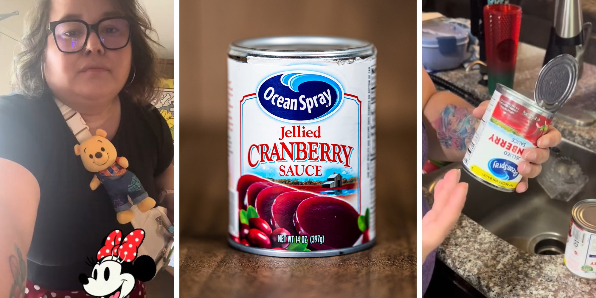 Woman sharing what happened when she opened a can of Cranberry(l) Ocean Spray Cran Berry(c) Woman holding can of ocean spray upside down(r)