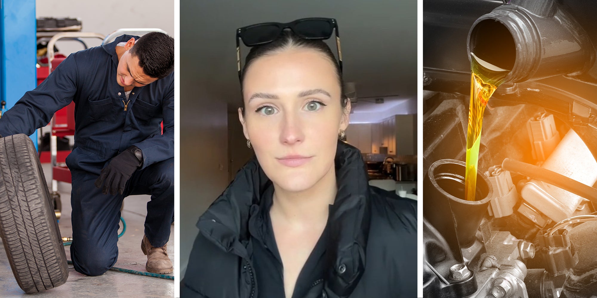 Mechanic Checking Tires(l) Woman sharing her experience with a mechanic(c) Oil being poured unto engine(r)