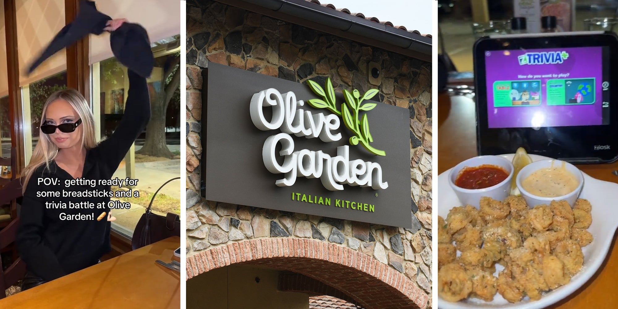 Blonde Girl Swinging sweater(l) Olive Garden Sign (c) Trivia on display with Shrimp meal at Olive Garden(r)
