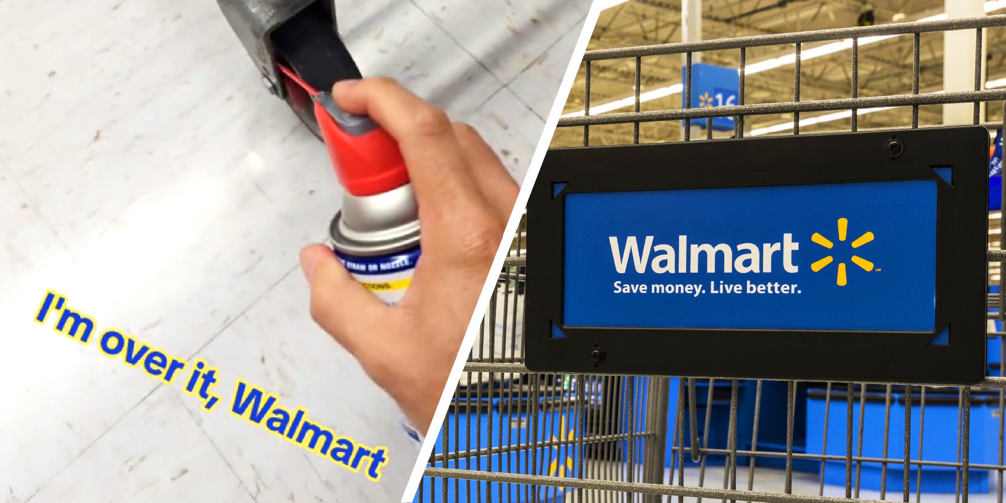 Split screen image, on one side is the image of a hand spraying Wd-40 on a shopping cart wheel. On the other we see the Walmart logo on the front of a shopping cart in the store.