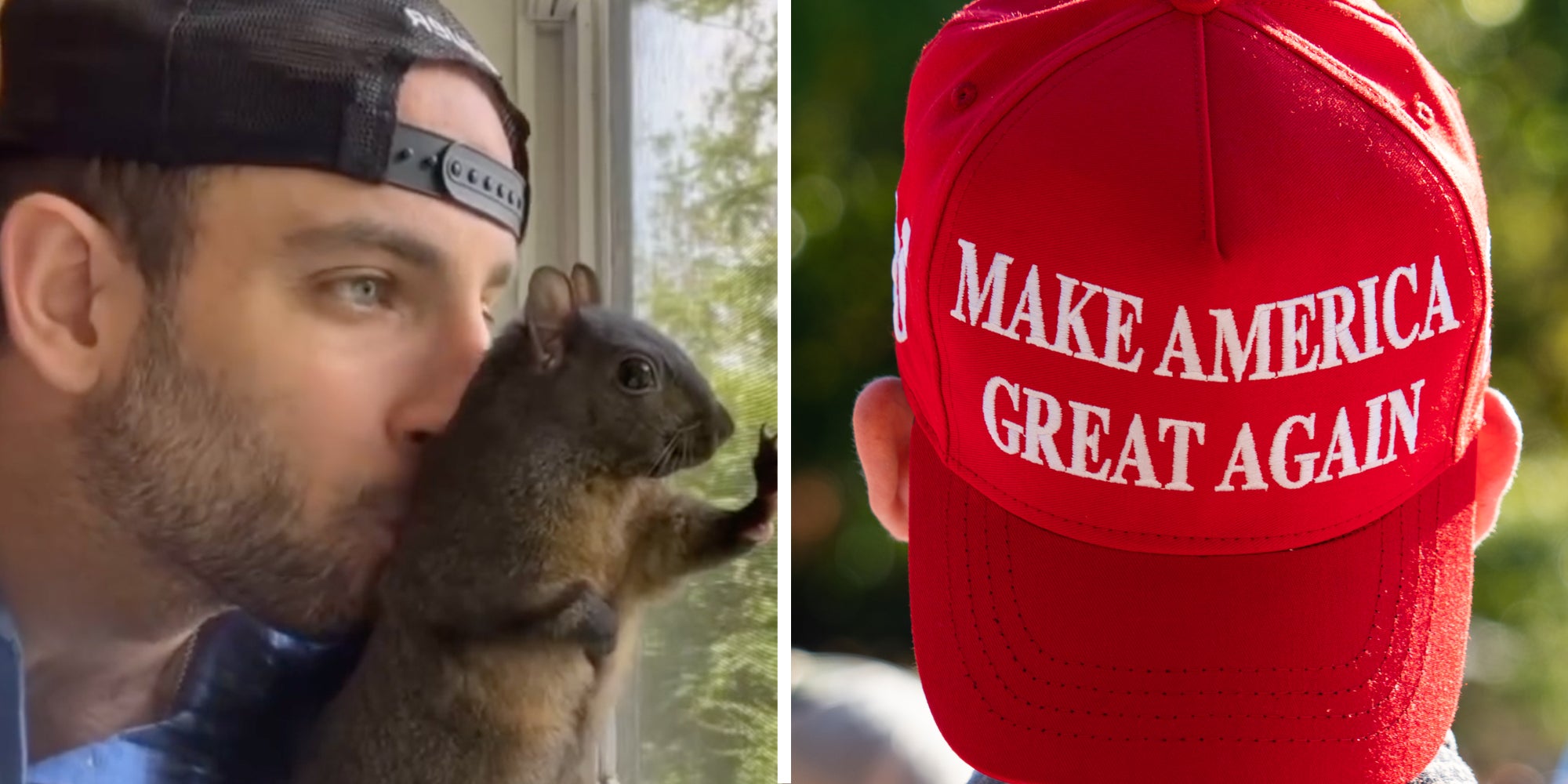 Man kissing Peter the Squirrel(l), Person wearing backwards MAGA hat(r)