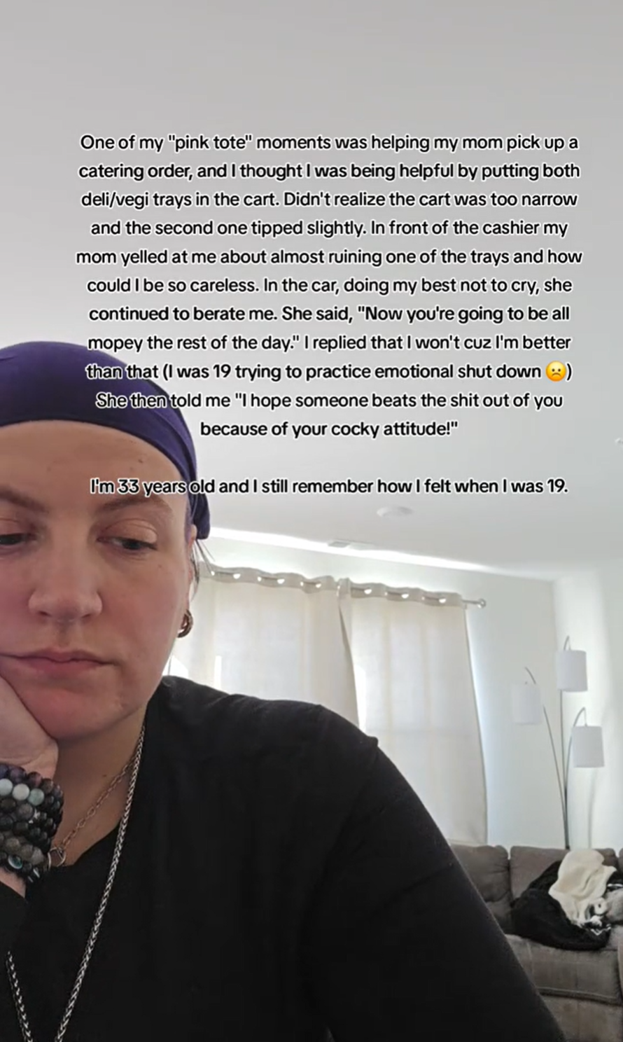 Pink tote mom TikTok trend, a video of a person sitting with their head in their hand, staring off to the side, with text overlay sharing her emotional abuse.