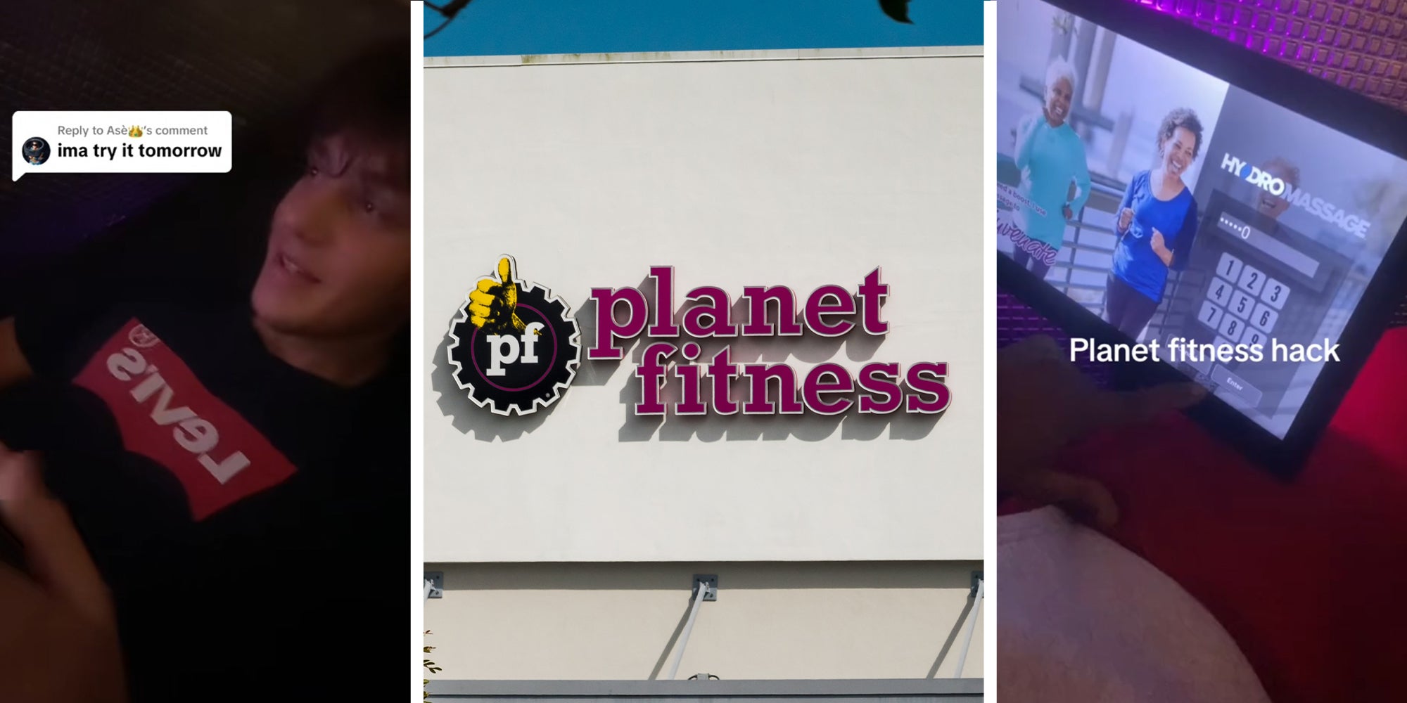 Man trying out Planet Fitness Hack(l) Planet Fitness building sign(c) Planet Fitness hack(r)