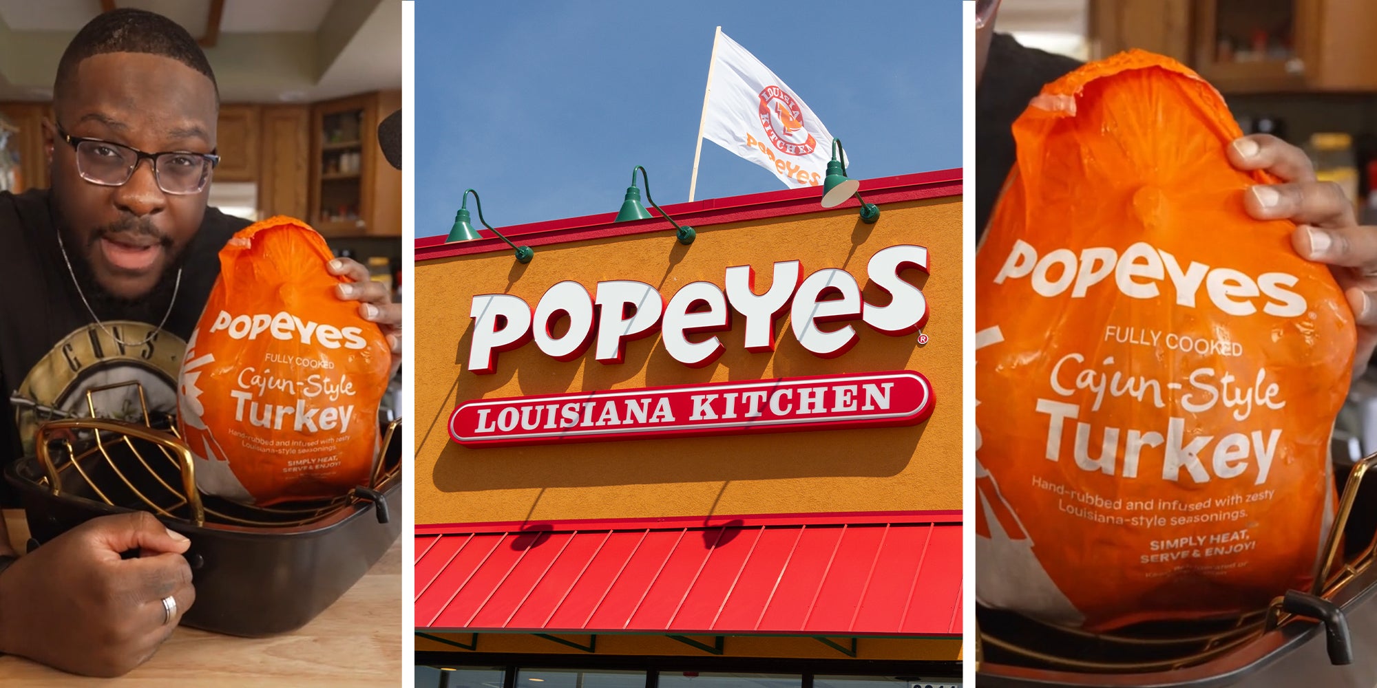 Man holds Popeyes Turkey(l) Pop Eyes Restaurant front(c) pop eyes turkey(r)