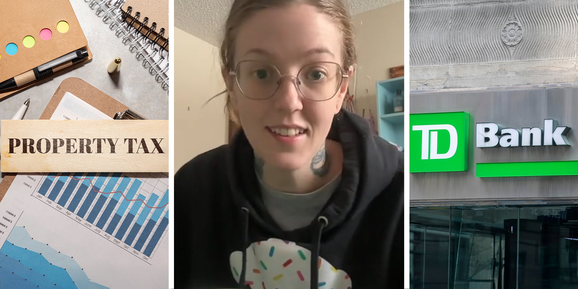Words 'Property Tax' on display on a piece of wood on top of a clipboard and office supplies(l) Woman sharing information on TD Bank(c) TD BANK Outdoor Sign(r)