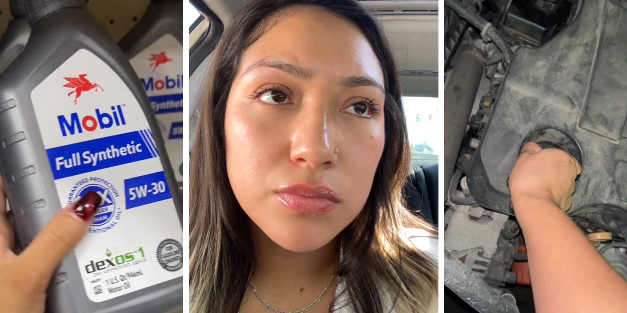 Mobil Full Synthetic Oil(l) Girl sharing how she changes her oil(c) Woman removing oil cover from engine(r)