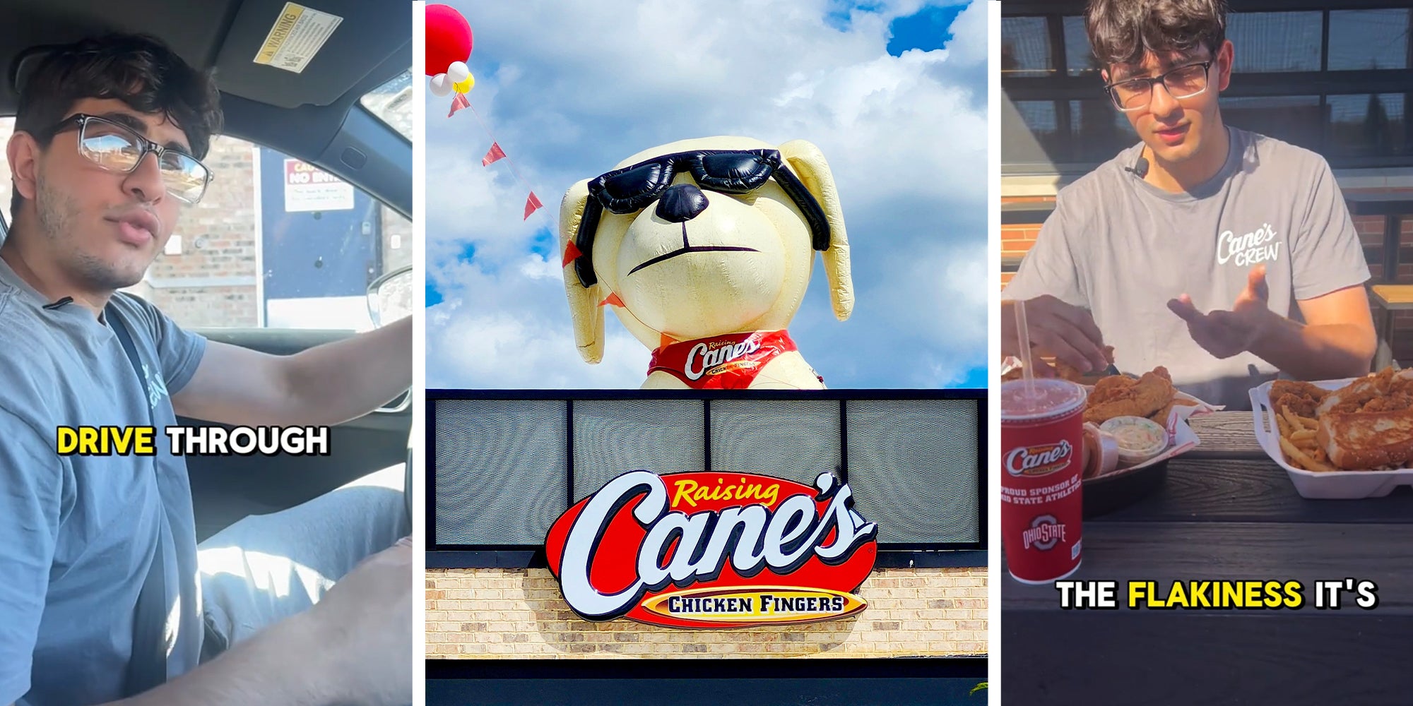 Person driving(l) Raising Canes Restaurant Front with Puppy Mascot(c) Man eating Canes Chicken Fingers(r)