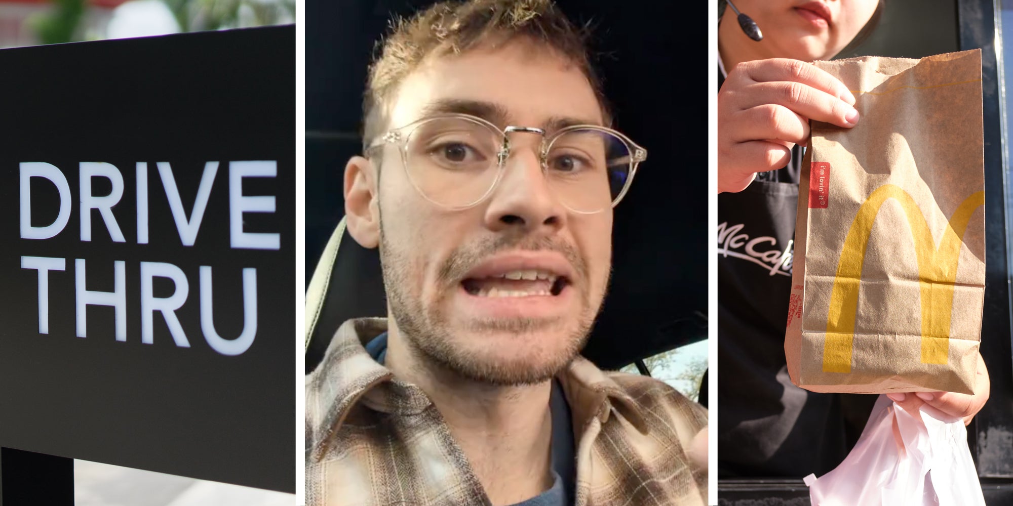 Drive Thru sign(l), Man talking(c), McDonald's worker passing food in bag through window(r)