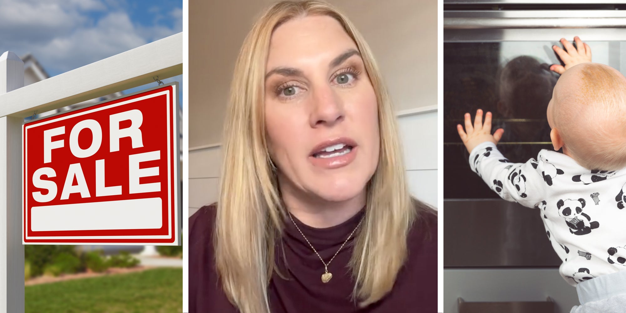 For Sale sign(l), Woman talking(c), Kid touching oven(r)