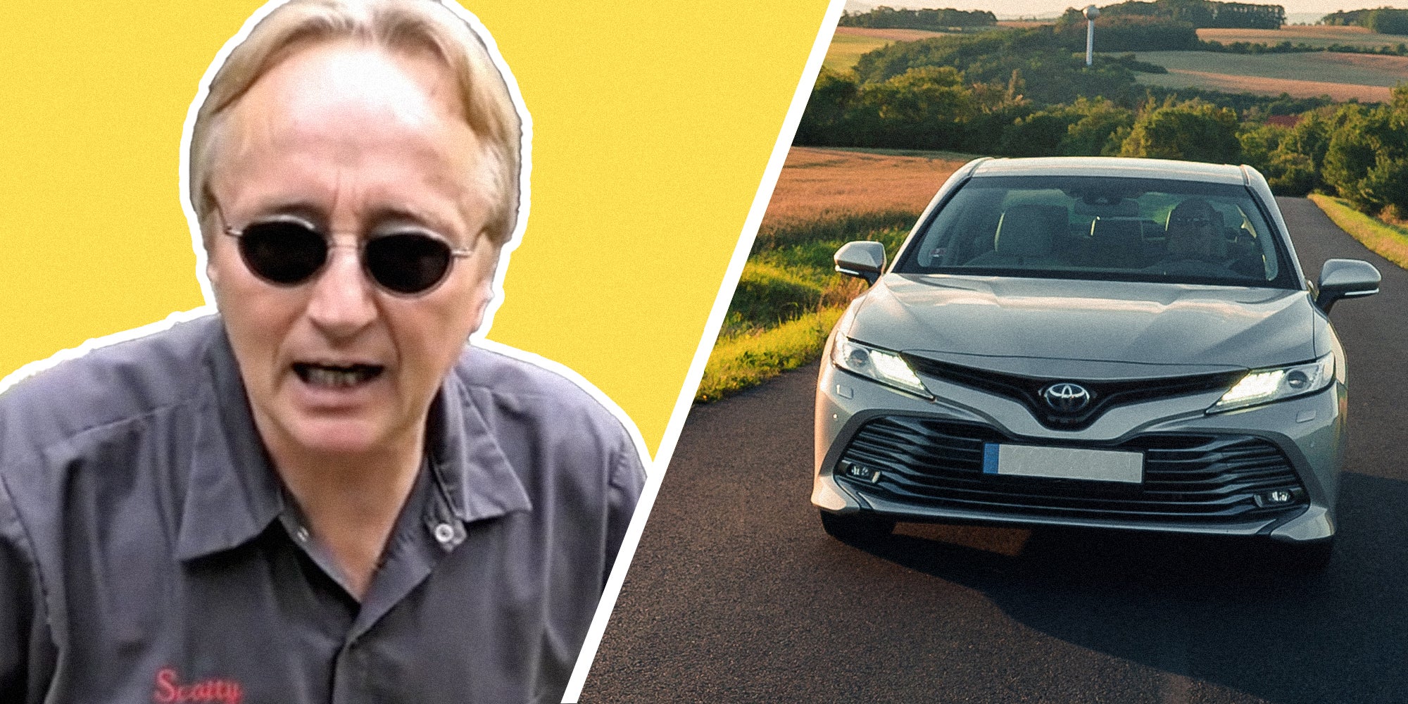 Man talking(l), Camry Hybrid on road(r)