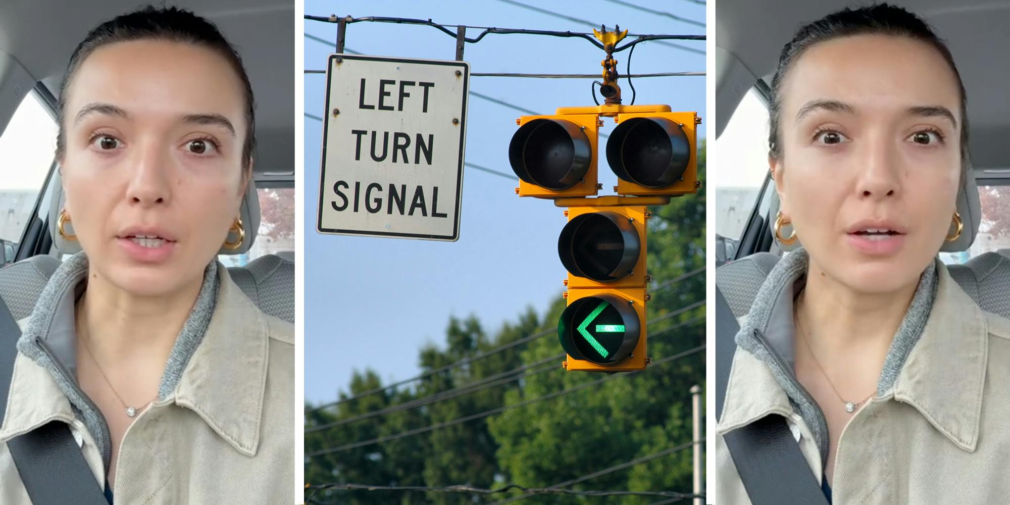 Woman talking(l+r), Traffic light with green arrow and sign that says "left turn signal"(c)