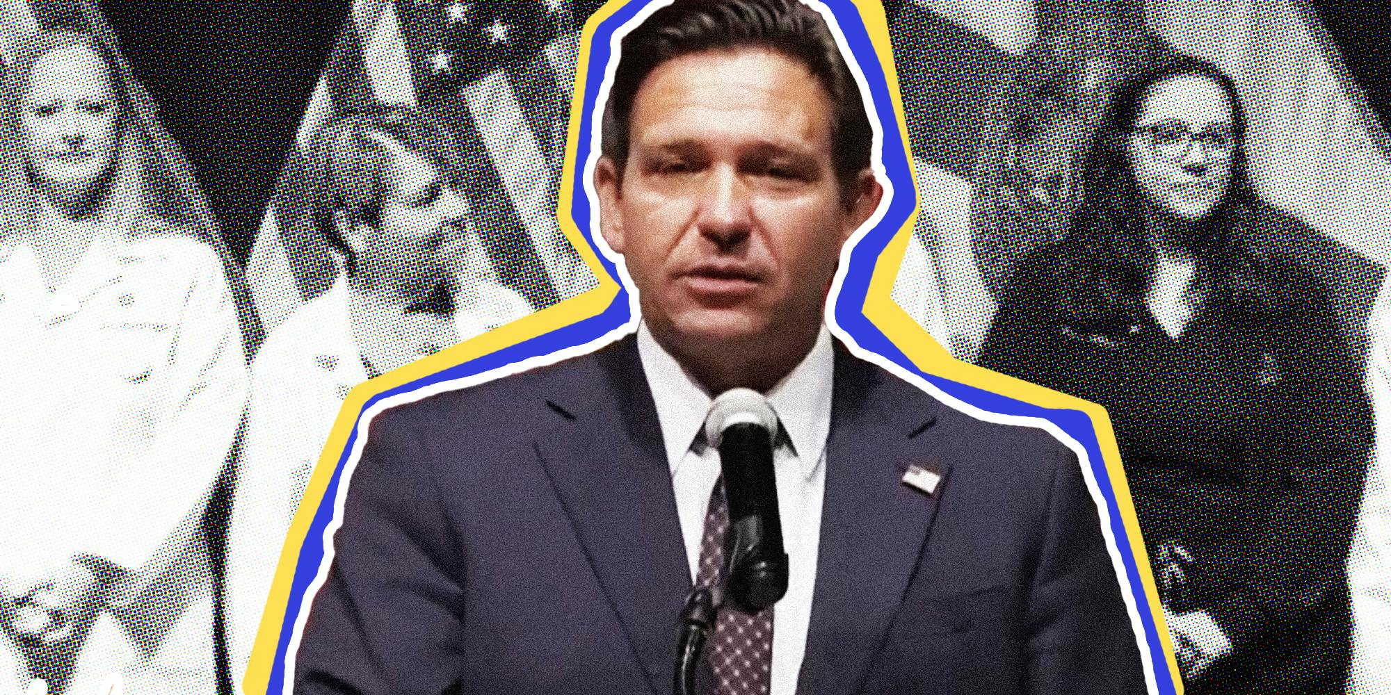 Ron DeSantis speaking into mic in front of state agency heads