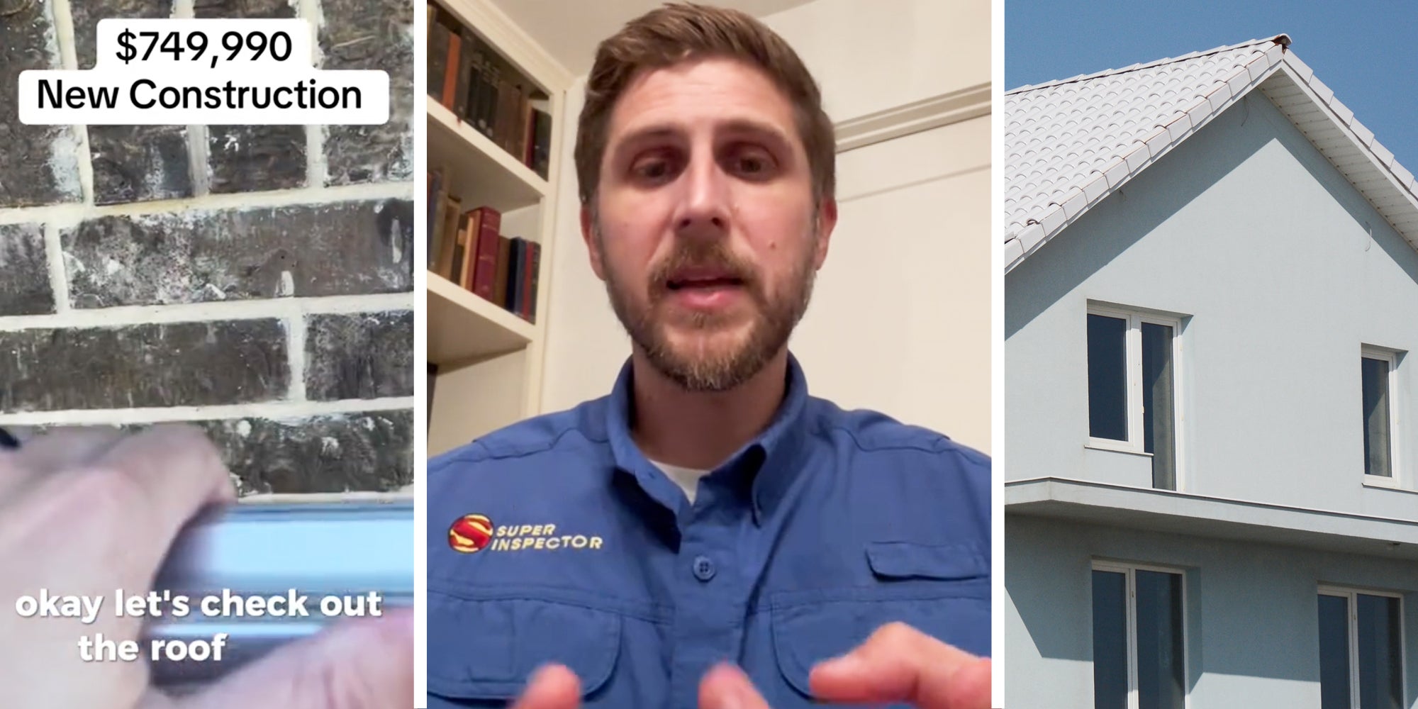 Hand going up to later with text that says '$749,00 New Construction - okay let's check out the roof'(l), Man talking(c), Roof of new build(r)
