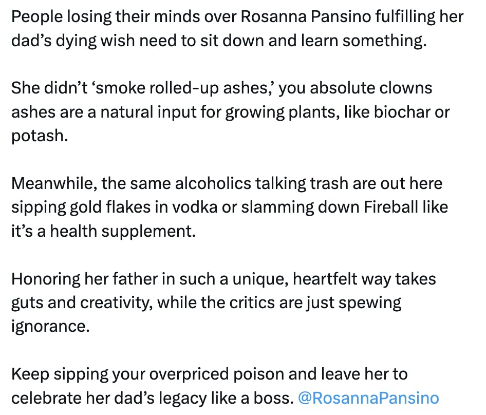 Tweet from an X user defending Rosanna Pansino honoring her dad's dying wish to be smoked as a joint.