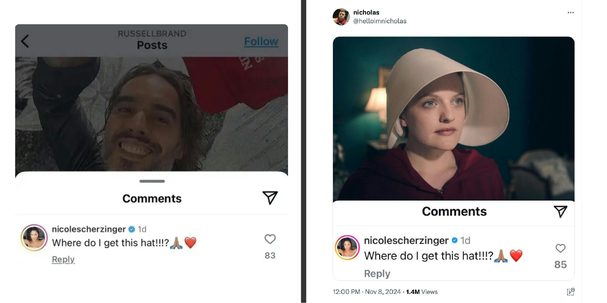 2 panel image, on the left is a post on Russell Brand's Instagram account and a comment left by Nicole Scherzinger. On the right is a funny remix by @helloimnicholas on X.