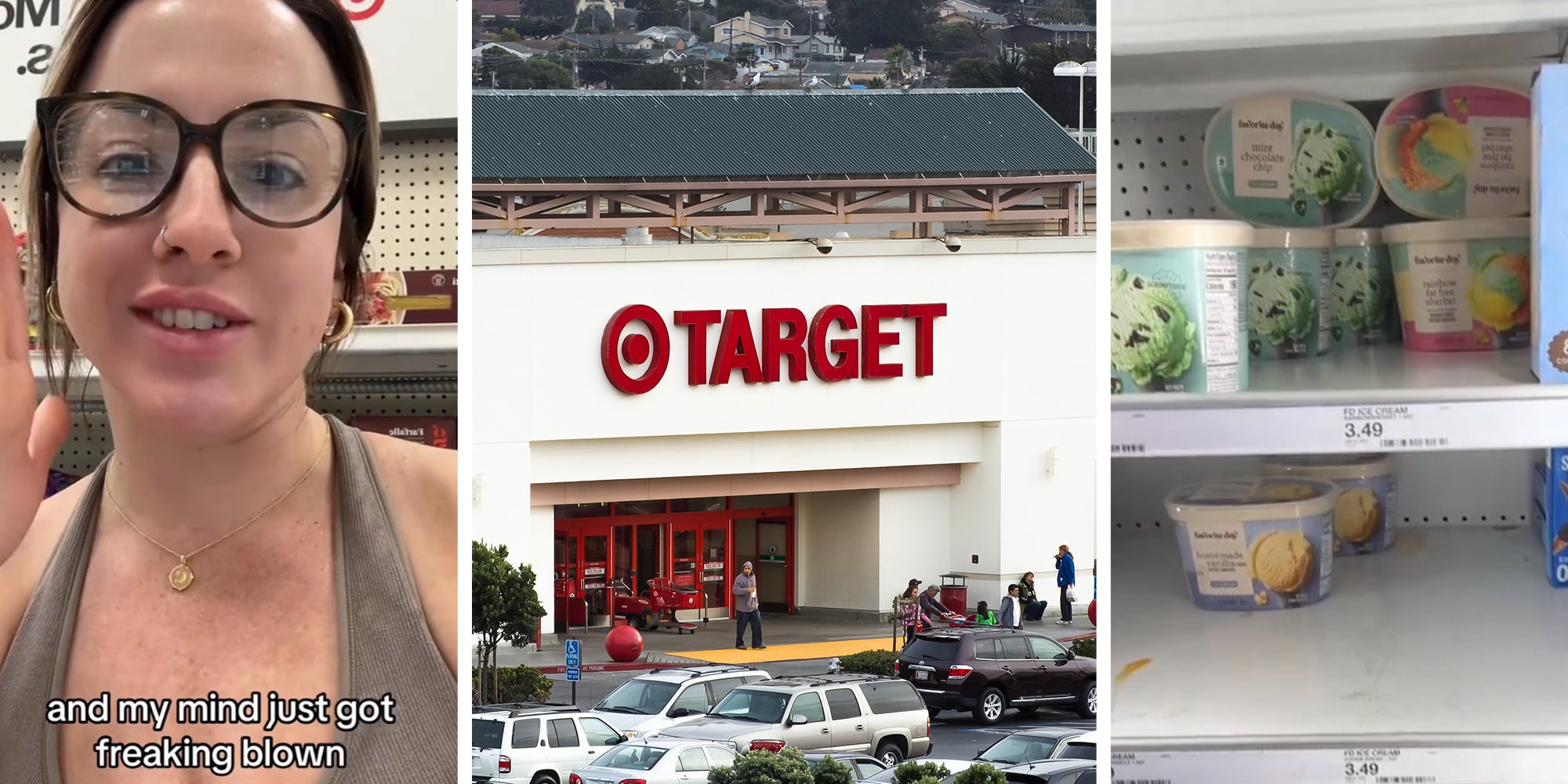 woman sharing what she saw at Target(l) Target Store Front(c) Target Ice-cream isle(r)