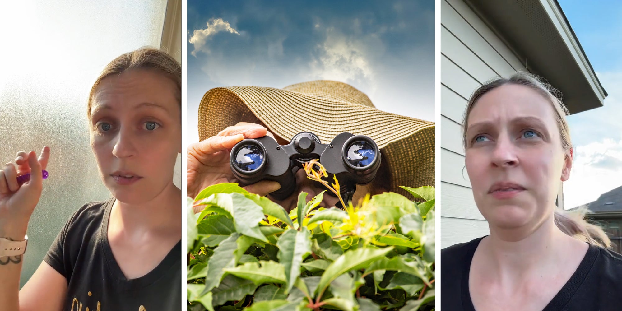 3 panel image. On the sides a woman points at glass and walks outside her house. In the middle a voyeur with binoculars looks over a hedge.