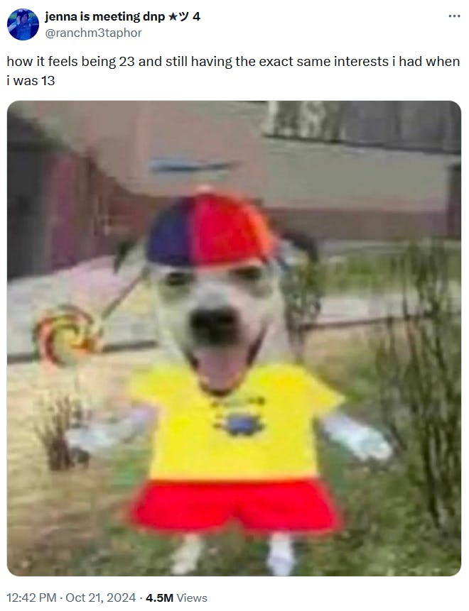 Silly Dog In A Propeller Hat meme about having the same interests you did at age 13.