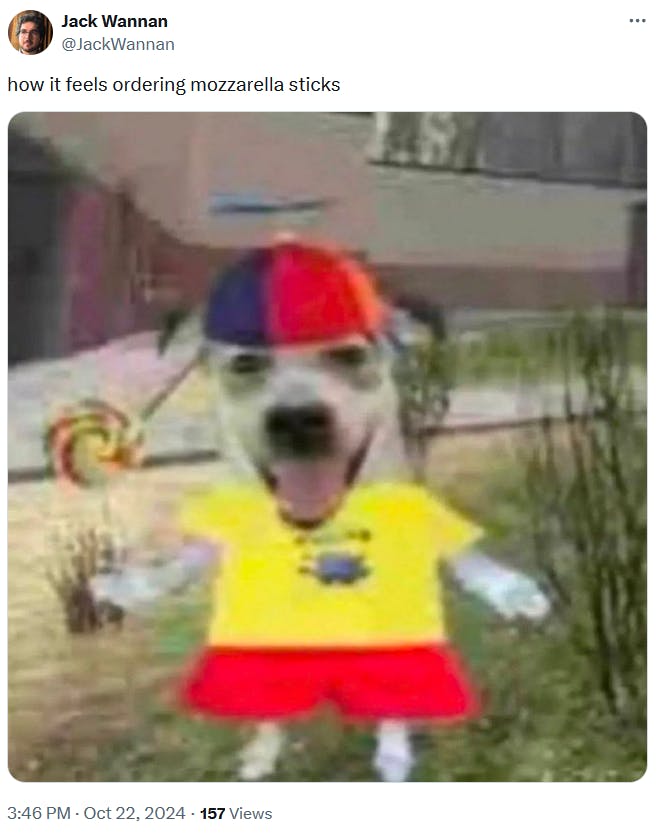 Silly Dog In A Propeller Hat meme about ordering mozzarella sticks.